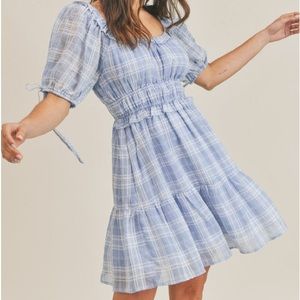 Blue Woven Plaid Mini Dress with Ruffle Details, Puff Sleeve & Pockets Sizes S-L